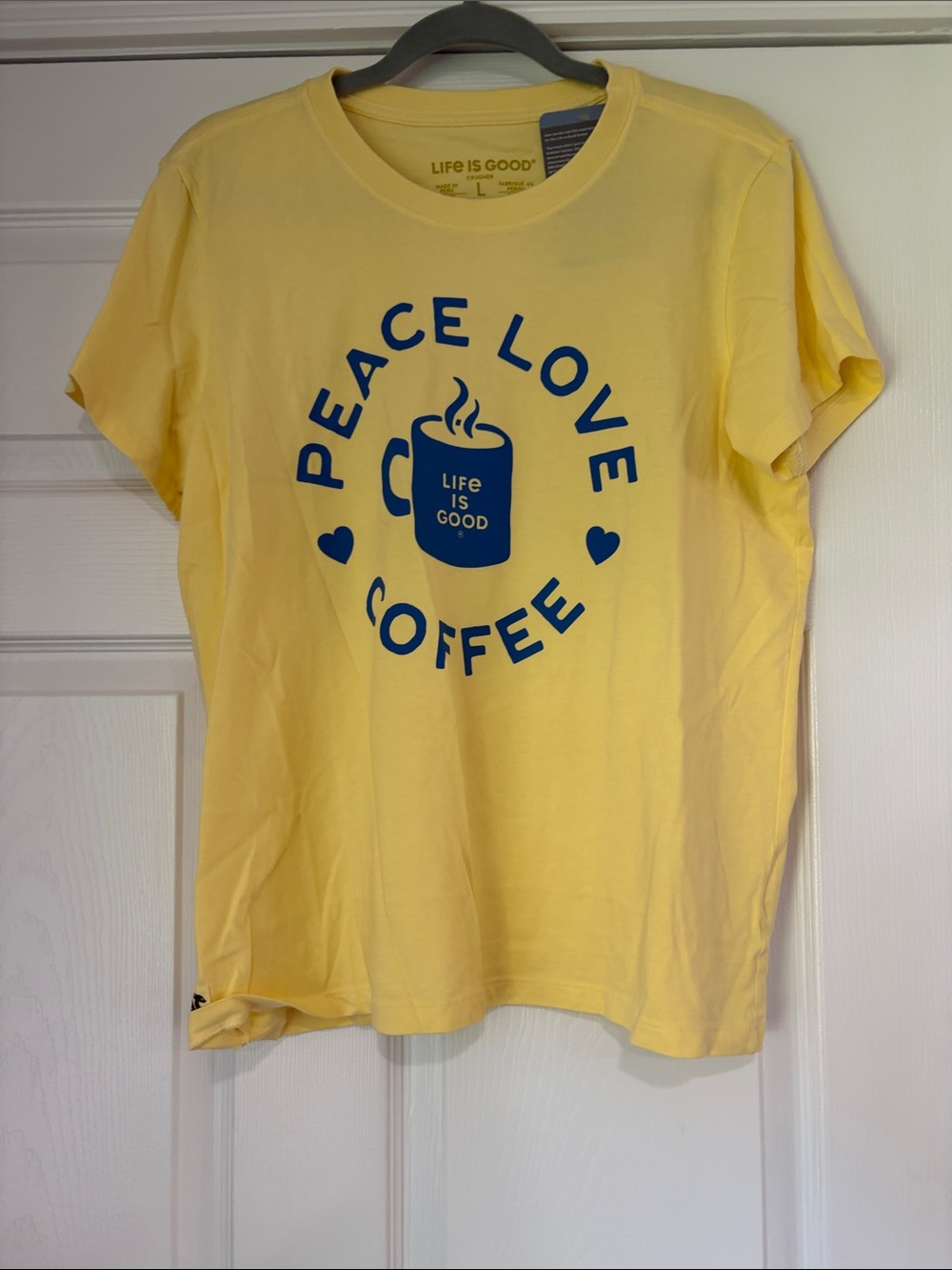 Final sale- nwt women-Life Is Good Yellow Peace Love Coffee Graphic Tee